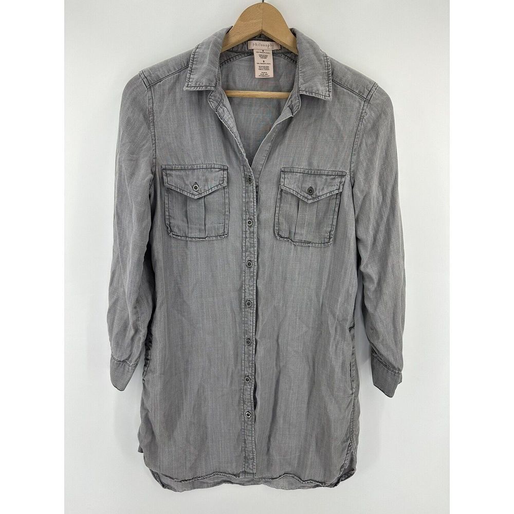 Philosophy Gray 100% Tencel Long Sleeve Button Tunic Dress Women's Size SMALL